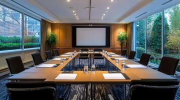 A large conference room with a projector screen and a long table with chairs photo