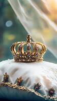 Elegant golden crown resting on luxurious satin pillow with jewels photo