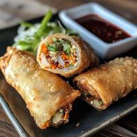 Crispy Spring Rolls with Fresh Vegetables and Dipping Sauce photo