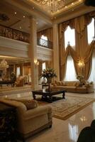 Luxurious Grand Living Room with Elegant Drapes and Chandeliers in a Classic Mansion Interior Design photo