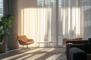 A living room with a tan chair and a white coffee table photo