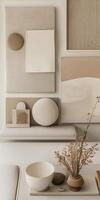 Minimalist Neutral Toned Interior with Textured Art and Ceramic Decor in a Modern Living Space photo