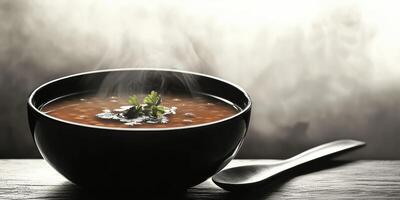 Hot Soup in a Black Bowl with Steam and Fresh Herbs on Top photo