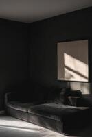 Minimalist Interior with Dark Sofa and Abstract Art in Sunlit Room photo