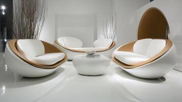 Modern Minimalist Lounge with Futuristic White and Wood Furniture photo