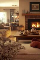 A living room with a fireplace and a couch with a blanket on it photo