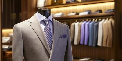 A man's suit is on display in a store photo