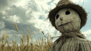 Scarecrow in a Wheat Field Under Dramatic Cloudy Sky photo