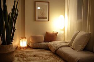 Cozy Minimalist Living Room with Soft Lighting and Comfortable Seating photo