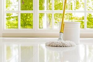 Mop and bucket positioned in a corner of a bright, clean room with neutral decor and ample natural light streaming through large windows photo
