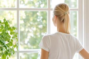 Woman cleaning large window with squeegee and spray bottle while surrounded by greenery in bright, inviting room photo