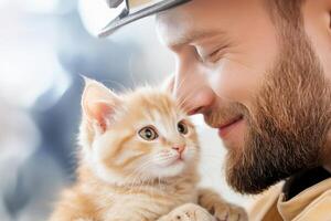 Firefighter rescues adorable kitten from building amid smoky backdrop and highlights in uniform photo