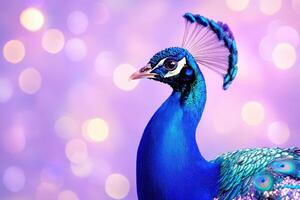 Vibrant peacock displaying stunning blue and purple feathers against a soft lavender backdrop, showcasing natures beauty and elegance photo
