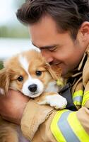 Firefighter saving a puppy in a heartwarming rescue moment during a sunny day at the local park photo