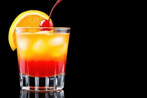 Vibrant tequila sunrise cocktail with orange and red layers garnished with cherry and orange slice against a modern backdrop photo