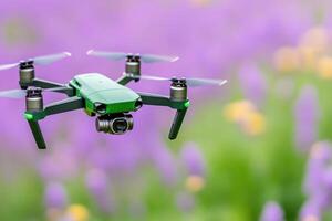 Drone flying in lavender-gray field with warm gold highlights under a clear sky during daylight hours photo