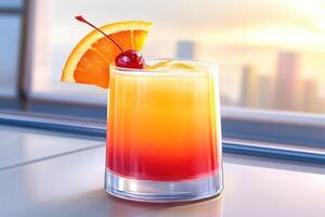 Vibrant tequila sunrise cocktail with rich orange and red layers garnished with cherry and orange slice against a modern backdrop at sunset photo