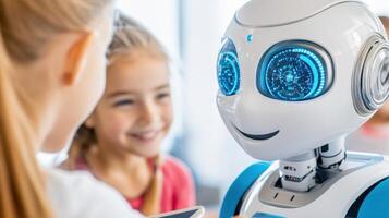 Students collaborate with robot assistant to enhance learning experience in a modern classroom setting photo