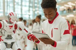 Group of students collaborating in a STEM lab as they assemble a robot with assistance from an AI tool on a tablet photo