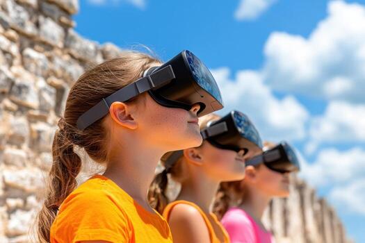 Kids participate in an educational history class using virtual reality to explore ancient ruins with holographic features in a dynamic learning environment photo