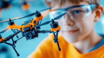 Teacher helps students learn drone assembly with AI-powered 3D blueprint projections in a classroom setting photo