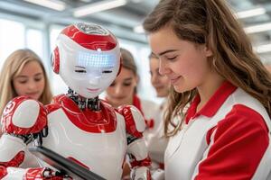 Group of students collaboratively assembling a robot in a STEM lab with AI-driven tools providing guidance on a tablet photo