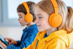 Elementary students engaged in interactive learning with tablets during an AI-driven quiz game in a colorful classroom photo