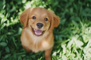 Playful golden retriever puppy joyfully running across a grassy field with sage green tones, caramel highlights, and deep brown shadows under the sunny sky photo