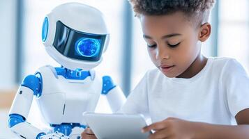 Child engaged in interactive science lesson with robotic assistant and tablet in modern classroom setting photo