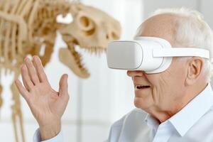 Elderly man explores virtual museum with VR glasses and hand gestures in a modern, immersive setting photo
