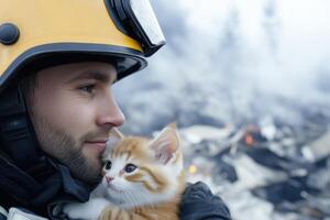 Firefighter bravely rescues kitten from burning building showcasing compassion in the face of danger photo