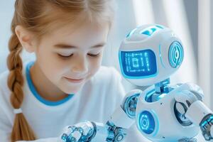 Innovative learning environment for young students programming robots with holographic AI tools in a futuristic STEM classroom photo