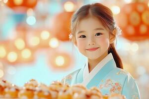 Young girl in a hanbok smiles brightly while focusing on a festive display during a cultural celebration in a lively setting filled with lights and colors photo
