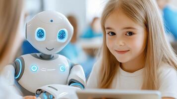 Students engage with a robot assistant while using tablets to enhance learning through AI-based educational software in a modern classroom photo