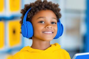 Students engaged in using AI-based language learning apps while wearing headphones in a bright classroom setting photo