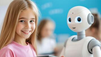 Students engage with a robot assistant in a modern classroom setting using tablets for AI-guided learning activities photo