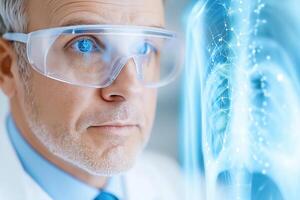 Radiologist uses augmented reality technology to analyze chest X-ray and detect medical anomalies with AI assistance photo