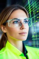 Factory worker utilizes augmented reality glasses to interact with AI-driven holographic overlays for machine diagnostics and performance metrics photo