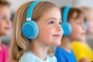 Students engaged in language learning using AI-based apps while wearing headphones and focused on their tablets in a bright classroom environment photo