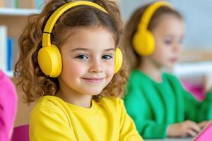 Engaged students using AI language learning apps with headphones in a modern classroom setting photo
