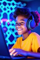 Teenager engaged in virtual coding lesson with interactive AI tutor and 3D models in vibrant digital environment photo