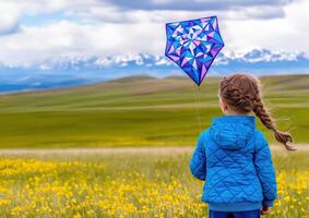 Young girl joyfully flying a colorful kite in a vibrant field under a bright sky with mountains in the background photo