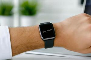 Patient monitoring health data with smartwatch during virtual consultation from home office in morning photo
