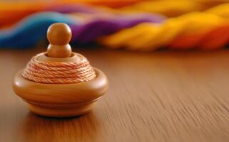 Traditional wooden spinning top resting on a wooden surface with colorful ropes in the background photo