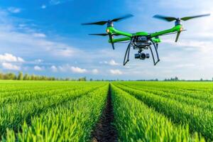 High-tech agricultural field with drone spraying crops while sensors send data to farmers laptop in real-time photo