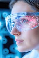 Medical researcher utilizes augmented reality glasses to study AI-enhanced models of cancer cells with detailed holographic overlays of mutation patterns photo