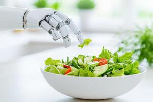 Modern kitchen showcases AI robotic arm preparing a fresh salad by slicing vegetables and mixing ingredients in a sleek, clean environment photo