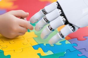 Child collaborates with robotic assistant to solve a colorful puzzle on a playful mat while learning and having fun together photo