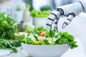 Futuristic kitchen with AI robotic arm expertly preparing a fresh salad by slicing vegetables and mixing ingredients in a clean, modern environment photo