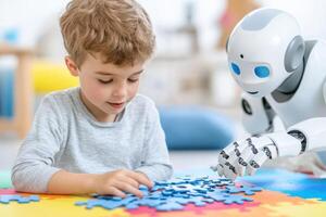 Child collaborates with robotic assistant to complete a puzzle on a colorful play mat in a bright, cheerful playroom photo